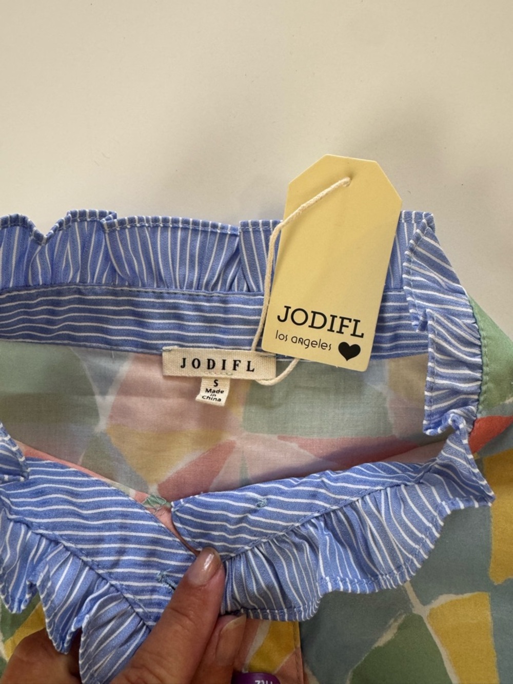 JODIFL Striped Blue Ruffle-Neck Top with Pastel Geometric Print Small - Picture 5 of 7